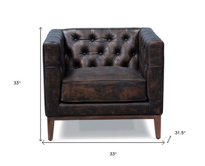 33" Brown and Black Antiqued Top Grain Leather Tufted Club Chair HomeRoots