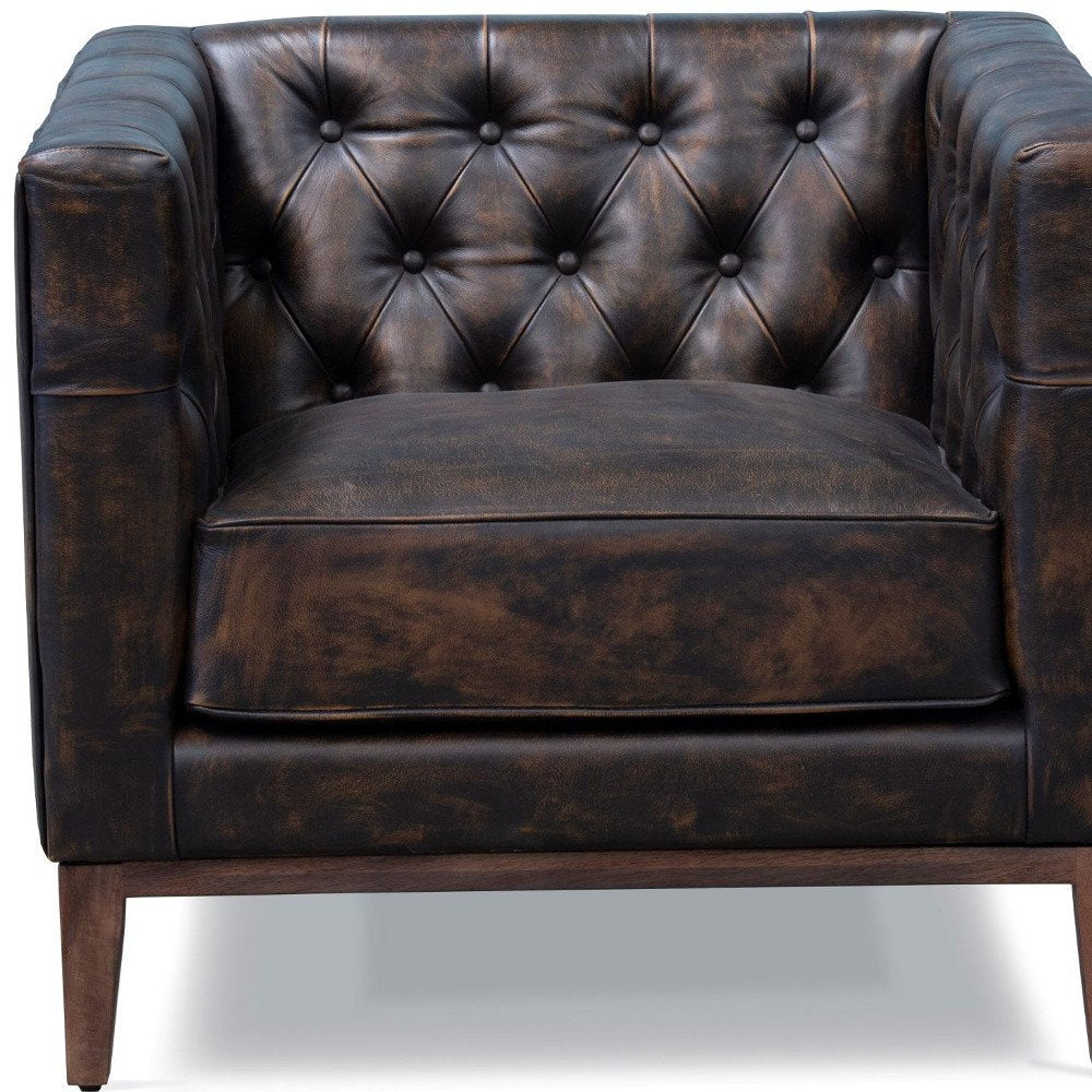 33" Brown and Black Antiqued Top Grain Leather Tufted Club Chair HomeRoots
