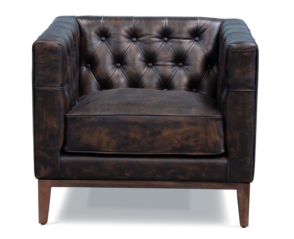 33" Brown and Black Antiqued Top Grain Leather Tufted Club Chair HomeRoots