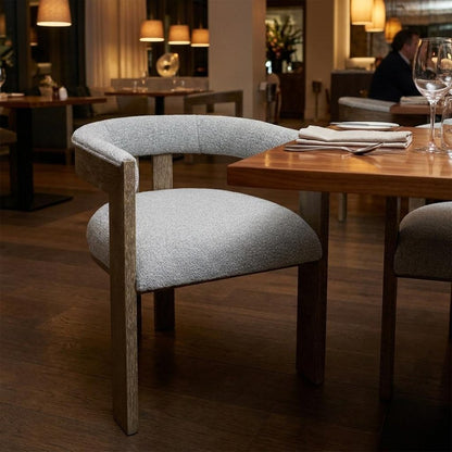 Gray and Brown Upholstered Boucle Open Back Dining Arm Chair HomeRoots