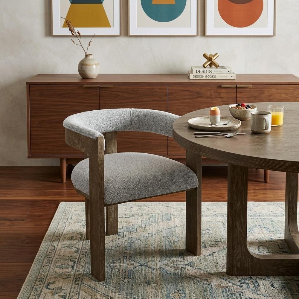 Gray and Brown Upholstered Boucle Open Back Dining Arm Chair HomeRoots
