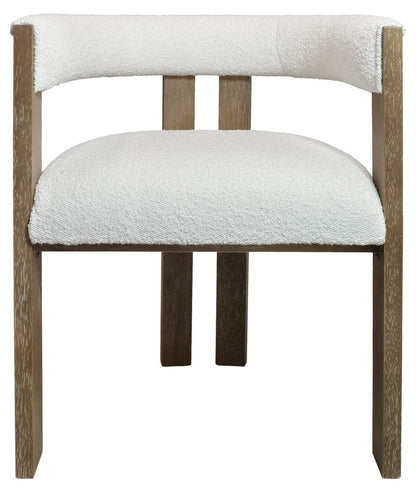 Ivory and Brown Upholstered Boucle Open Back Dining Arm Chair HomeRoots