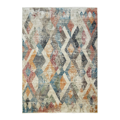 2' X 3' Beige Blue and Gray Geometric Distressed Area Rug With Fringe - 30.0" (L) x 96.0" (W) x 0.43" (H)