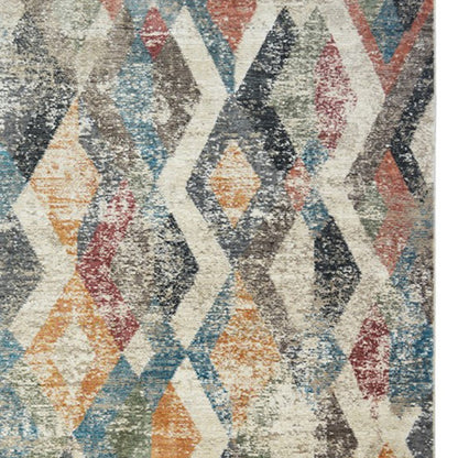 2' X 3' Beige Blue and Gray Geometric Distressed Area Rug With Fringe - 30.0" (L) x 96.0" (W) x 0.43" (H)