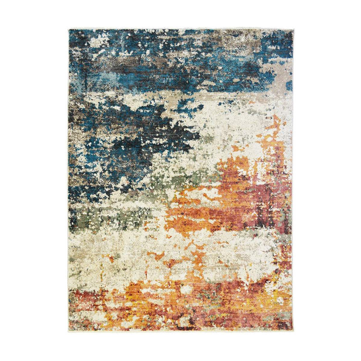 2' X 3' Beige Blue and Ivory Abstract Distressed Area Rug With Fringe - 30.0" (L) x 96.0" (W) x 0.43" (H)