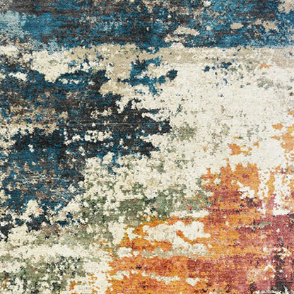 2' X 3' Beige Blue and Ivory Abstract Distressed Area Rug With Fringe - 30.0" (L) x 96.0" (W) x 0.43" (H)