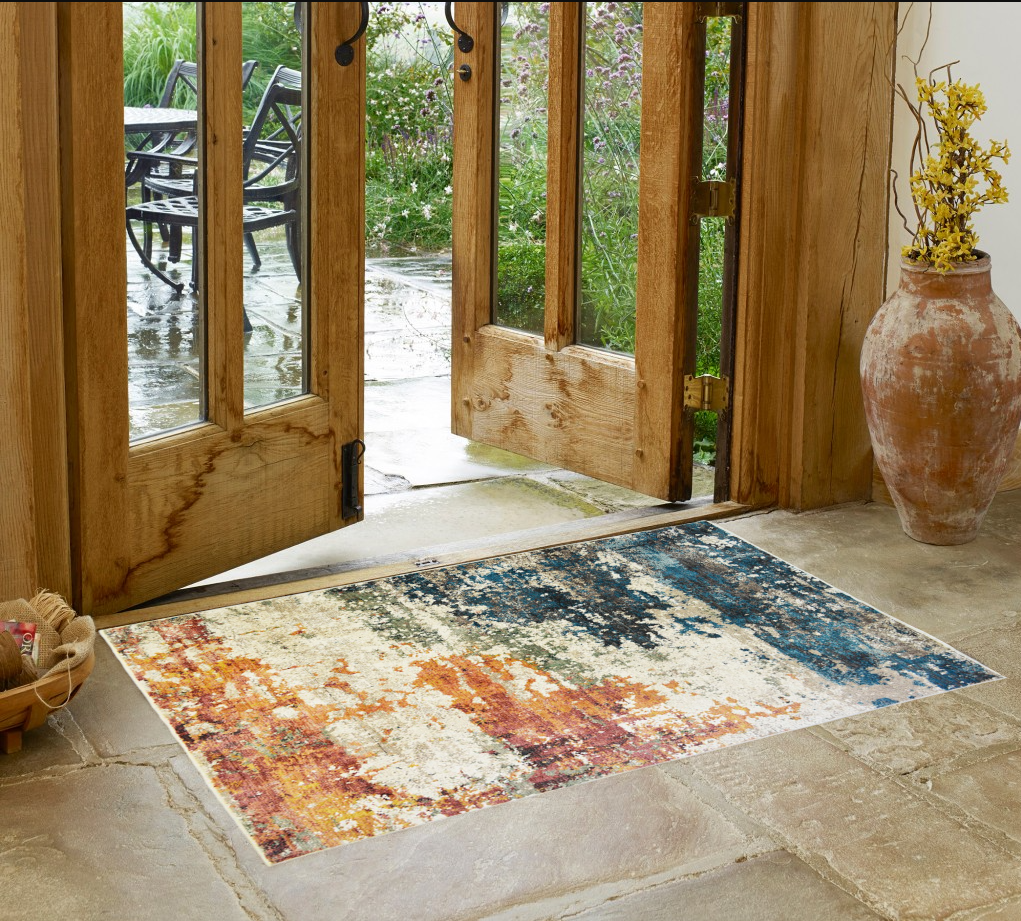 2' X 3' Beige Blue and Ivory Abstract Distressed Area Rug With Fringe - 30.0" (L) x 96.0" (W) x 0.43" (H)