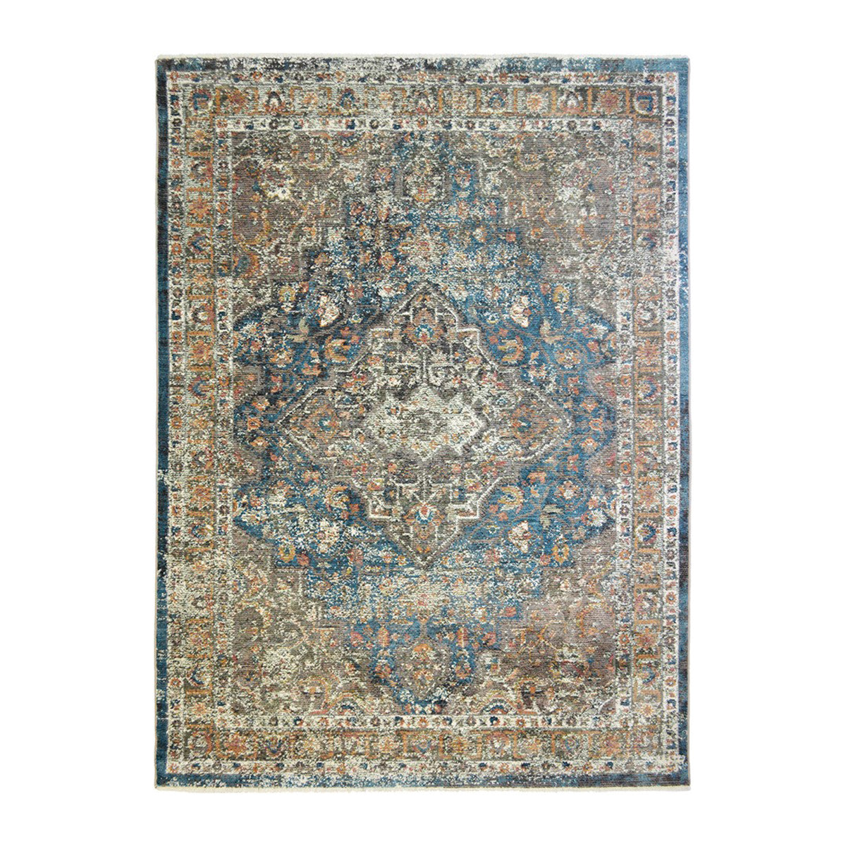 2' X 3' Blue and Brown Oriental Distressed Area Rug With Fringe - 47.24" (L) x 47.24" (W) x 0.75" (H)