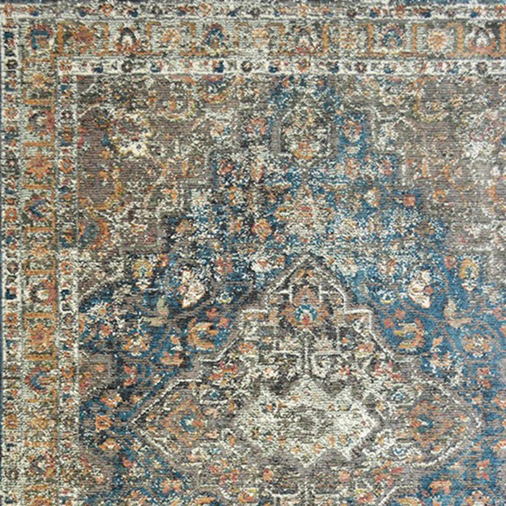 2' X 3' Blue and Brown Oriental Distressed Area Rug With Fringe - 47.24" (L) x 47.24" (W) x 0.75" (H)