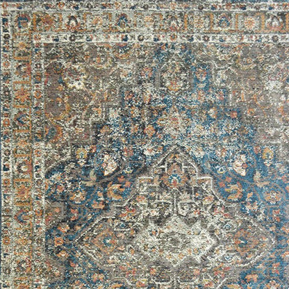 2' X 3' Blue and Brown Oriental Distressed Area Rug With Fringe - 47.24" (L) x 47.24" (W) x 0.75" (H)