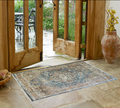 2' X 3' Blue and Brown Oriental Distressed Area Rug With Fringe - 47.24" (L) x 47.24" (W) x 0.75" (H)