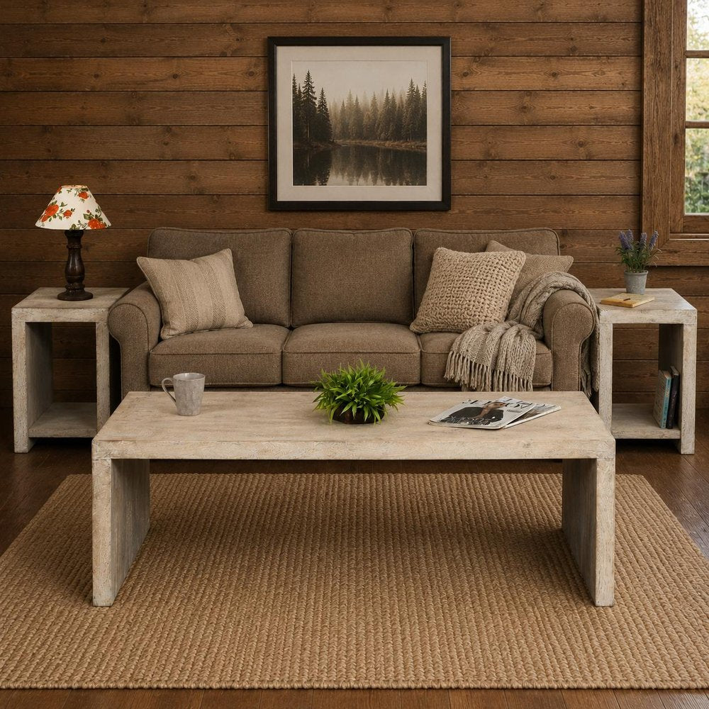 Three Piece Natural Solid Wood Distressed Sled Coffee And End Tables Set HomeRoots