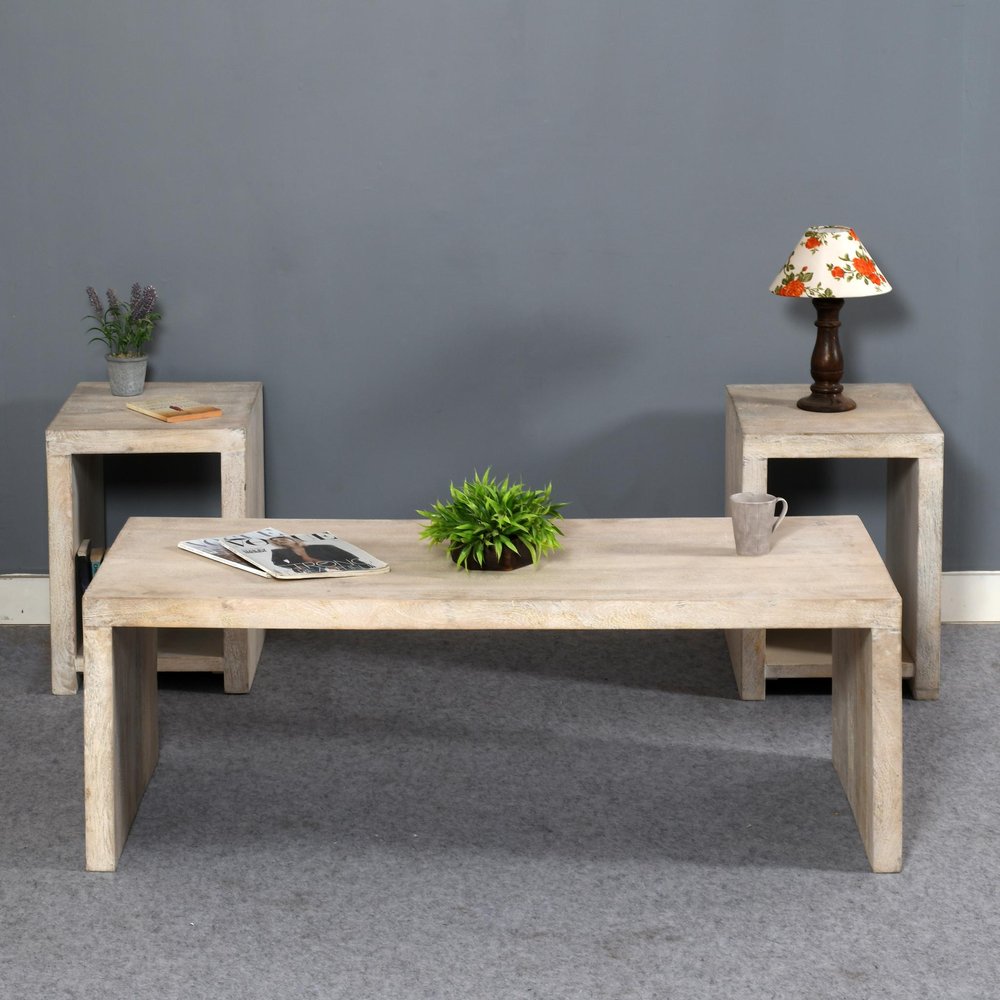 Three Piece Natural Solid Wood Distressed Sled Coffee And End Tables Set HomeRoots