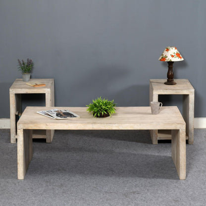 Three Piece Natural Solid Wood Distressed Sled Coffee And End Tables Set HomeRoots