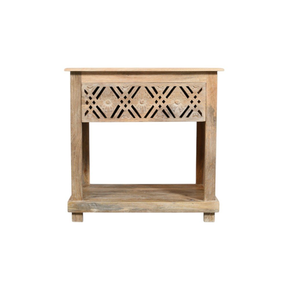 28" Natural Solid Wood Carved Geometric One Drawer Nightstand HomeRoots