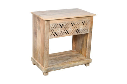 28" Natural Solid Wood Carved Geometric One Drawer Nightstand HomeRoots