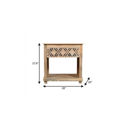 28" Natural Solid Wood Carved Geometric One Drawer Nightstand HomeRoots