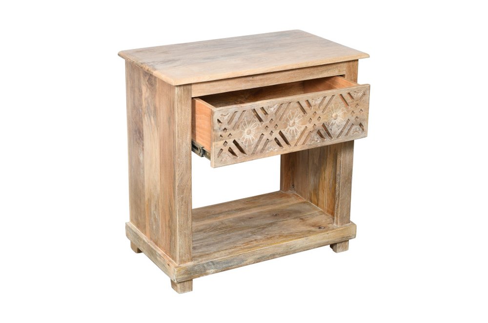28" Natural Solid Wood Carved Geometric One Drawer Nightstand HomeRoots