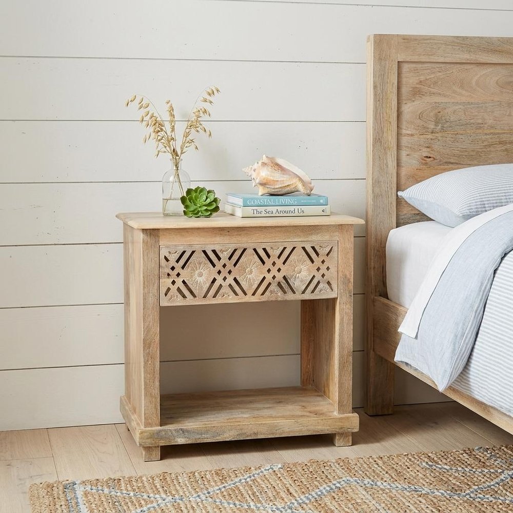 28" Natural Solid Wood Carved Geometric One Drawer Nightstand HomeRoots