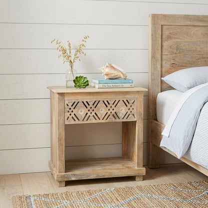 28" Natural Solid Wood Carved Geometric One Drawer Nightstand HomeRoots