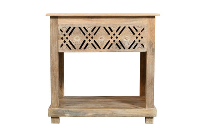 28" Natural Solid Wood Carved Geometric One Drawer Nightstand HomeRoots