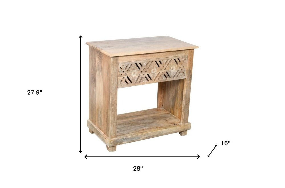 28" Natural Solid Wood Carved Geometric One Drawer Nightstand HomeRoots