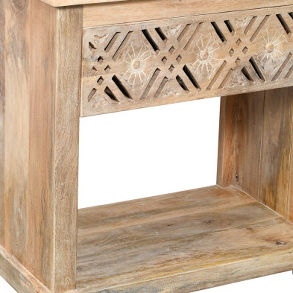 28" Natural Solid Wood Carved Geometric One Drawer Nightstand HomeRoots