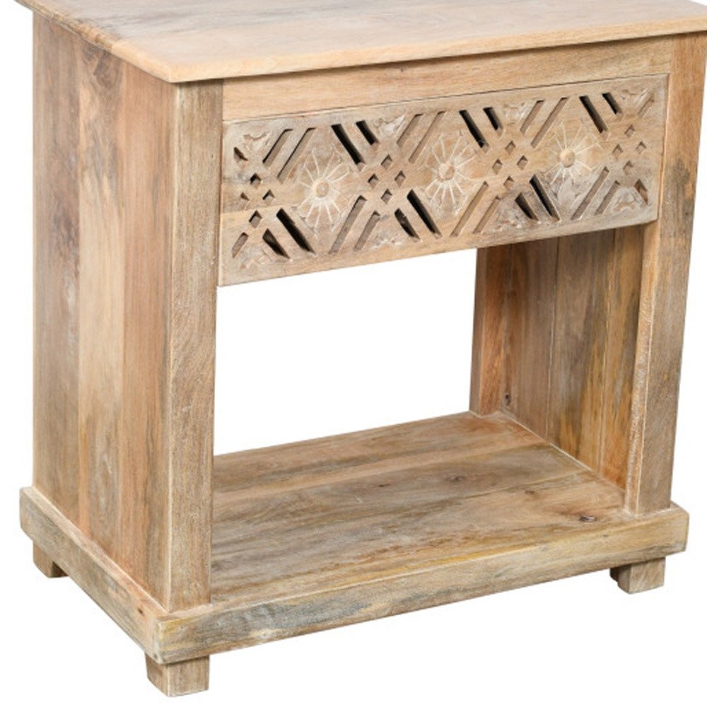 28" Natural Solid Wood Carved Geometric One Drawer Nightstand HomeRoots