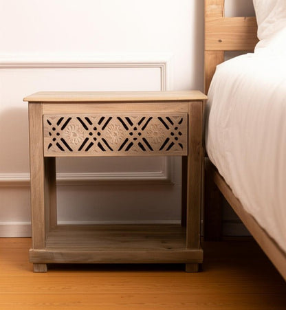 28" Natural Solid Wood Carved Geometric One Drawer Nightstand HomeRoots