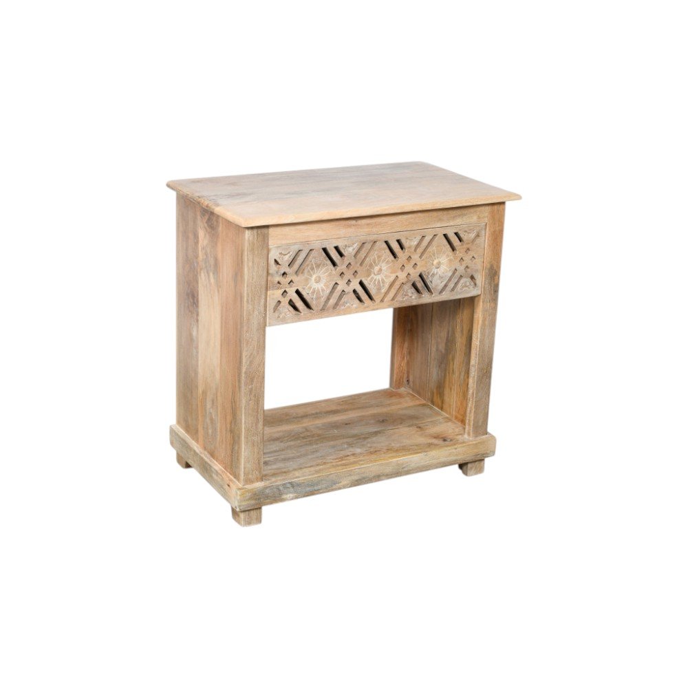 28" Natural Solid Wood Carved Geometric One Drawer Nightstand HomeRoots