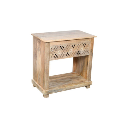 28" Natural Solid Wood Carved Geometric One Drawer Nightstand HomeRoots