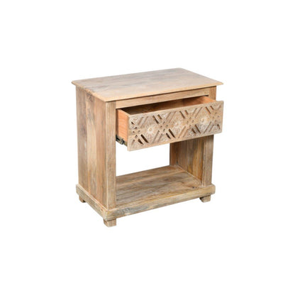 28" Natural Solid Wood Carved Geometric One Drawer Nightstand HomeRoots