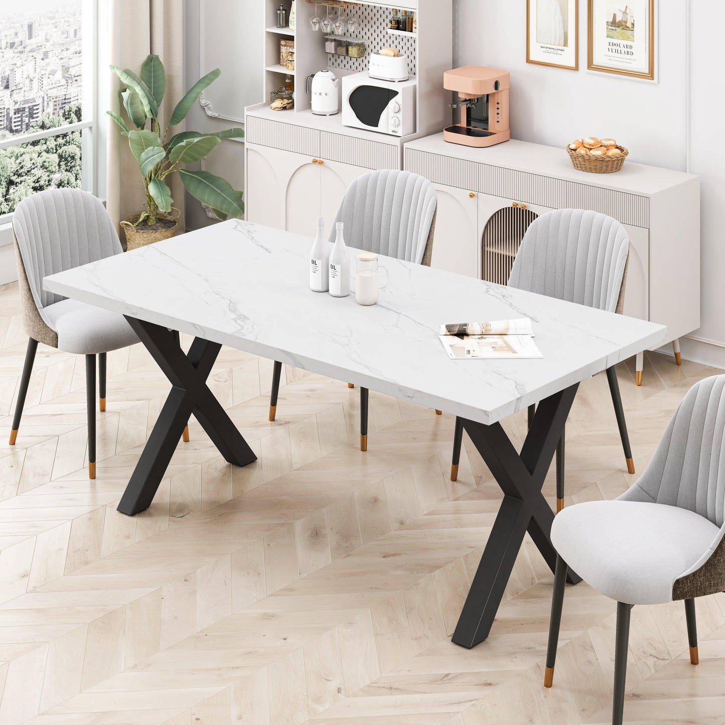 70.87"Modern Square Dining Table with Printed White Marble Table Top+Black X-Shape Table Leg - FurniFindUSA