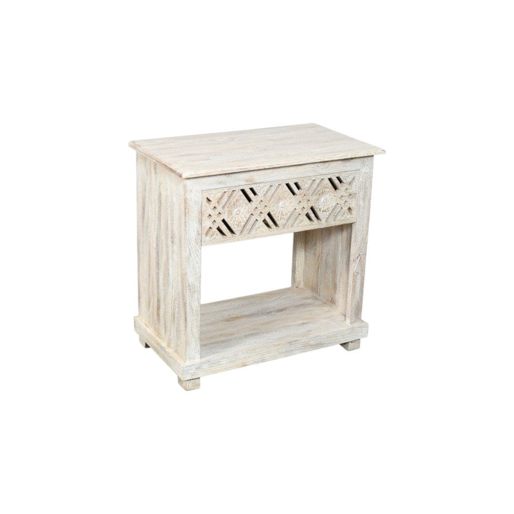 28" White Solid Wood Distressed Carved Geometric One Drawer Nightstand HomeRoots