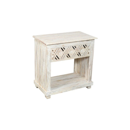 28" White Solid Wood Distressed Carved Geometric One Drawer Nightstand HomeRoots