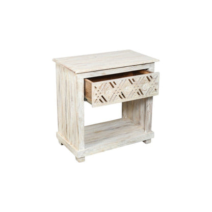 28" White Solid Wood Distressed Carved Geometric One Drawer Nightstand HomeRoots