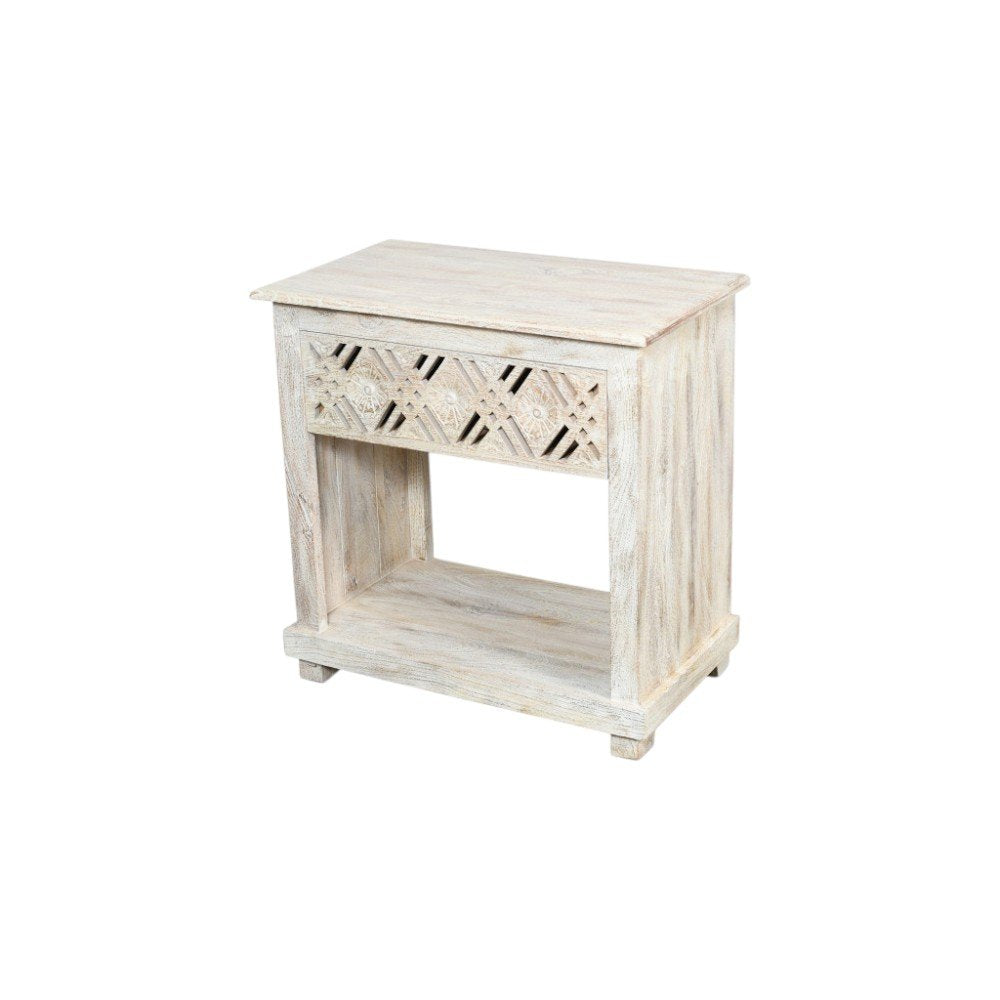 28" White Solid Wood Distressed Carved Geometric One Drawer Nightstand HomeRoots