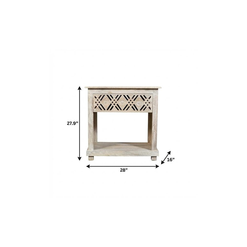 28" White Solid Wood Distressed Carved Geometric One Drawer Nightstand HomeRoots