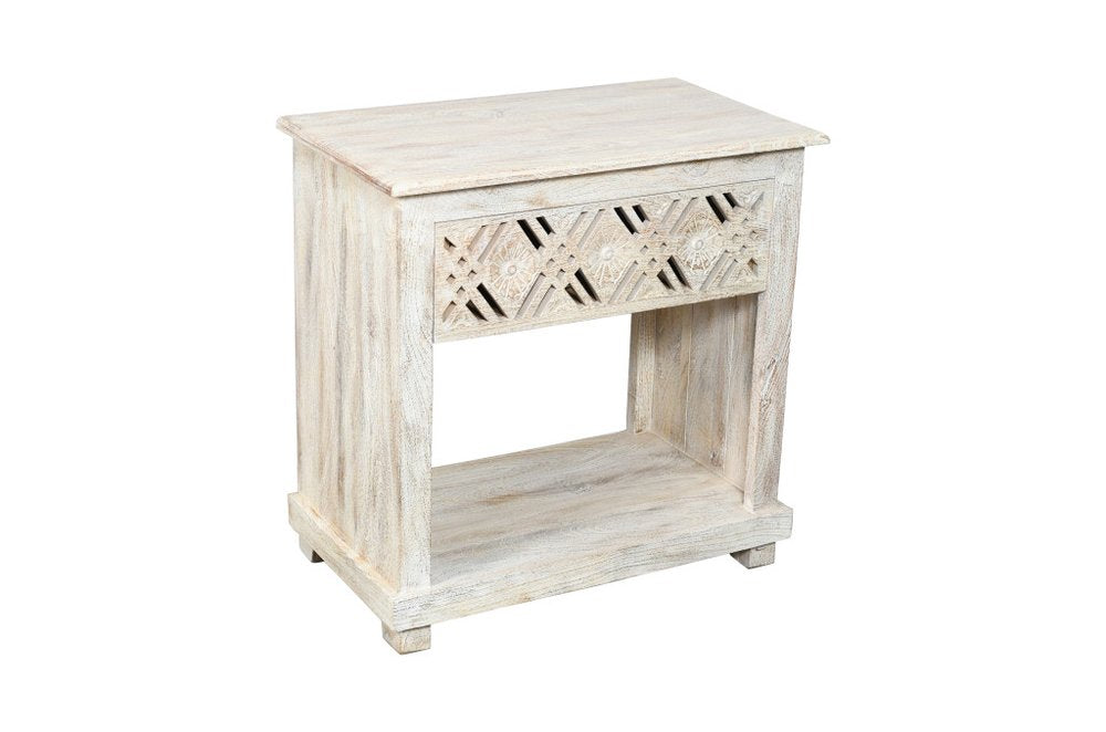 28" White Solid Wood Distressed Carved Geometric One Drawer Nightstand HomeRoots