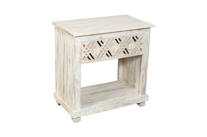 28" White Solid Wood Distressed Carved Geometric One Drawer Nightstand HomeRoots