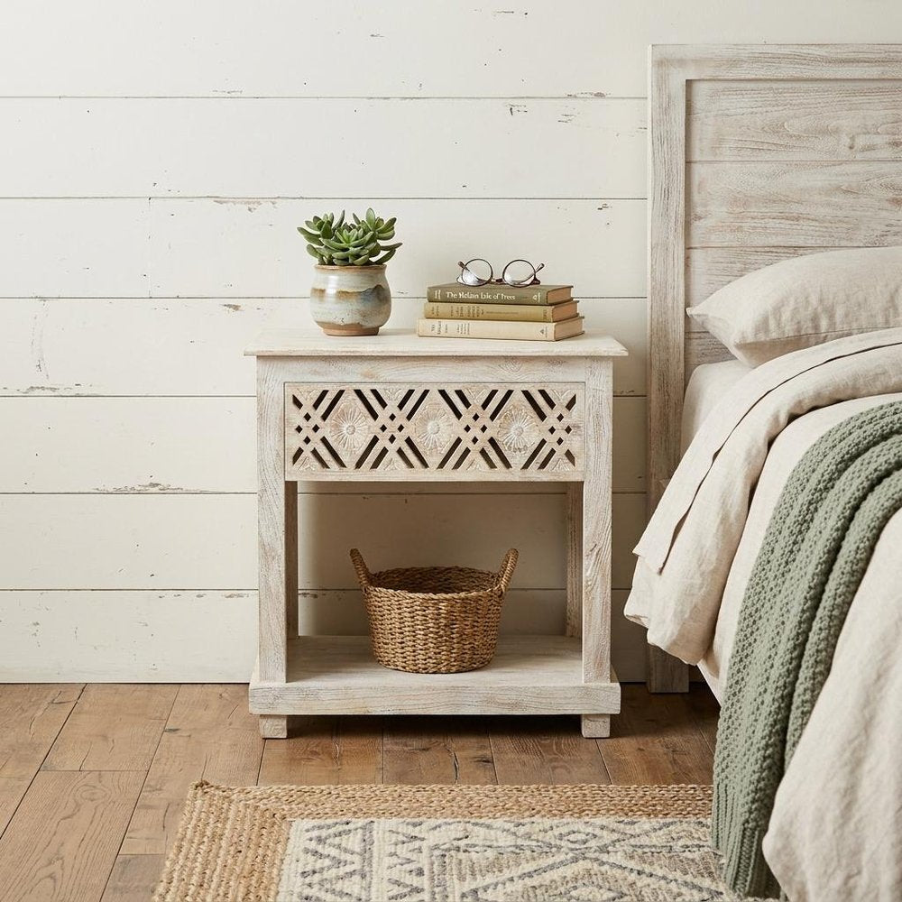 28" White Solid Wood Distressed Carved Geometric One Drawer Nightstand HomeRoots