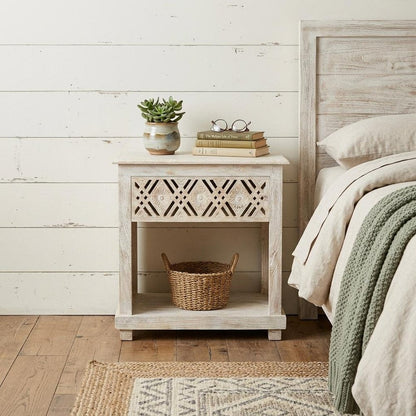 28" White Solid Wood Distressed Carved Geometric One Drawer Nightstand HomeRoots