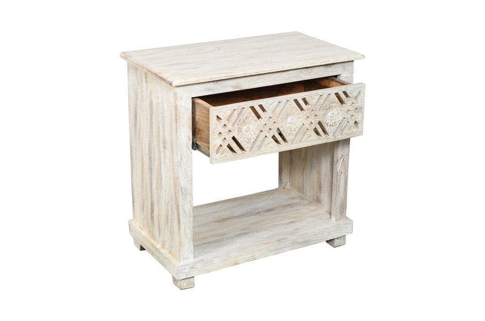 28" White Solid Wood Distressed Carved Geometric One Drawer Nightstand HomeRoots