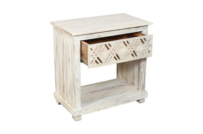 28" White Solid Wood Distressed Carved Geometric One Drawer Nightstand HomeRoots