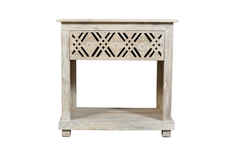 28" White Solid Wood Distressed Carved Geometric One Drawer Nightstand HomeRoots