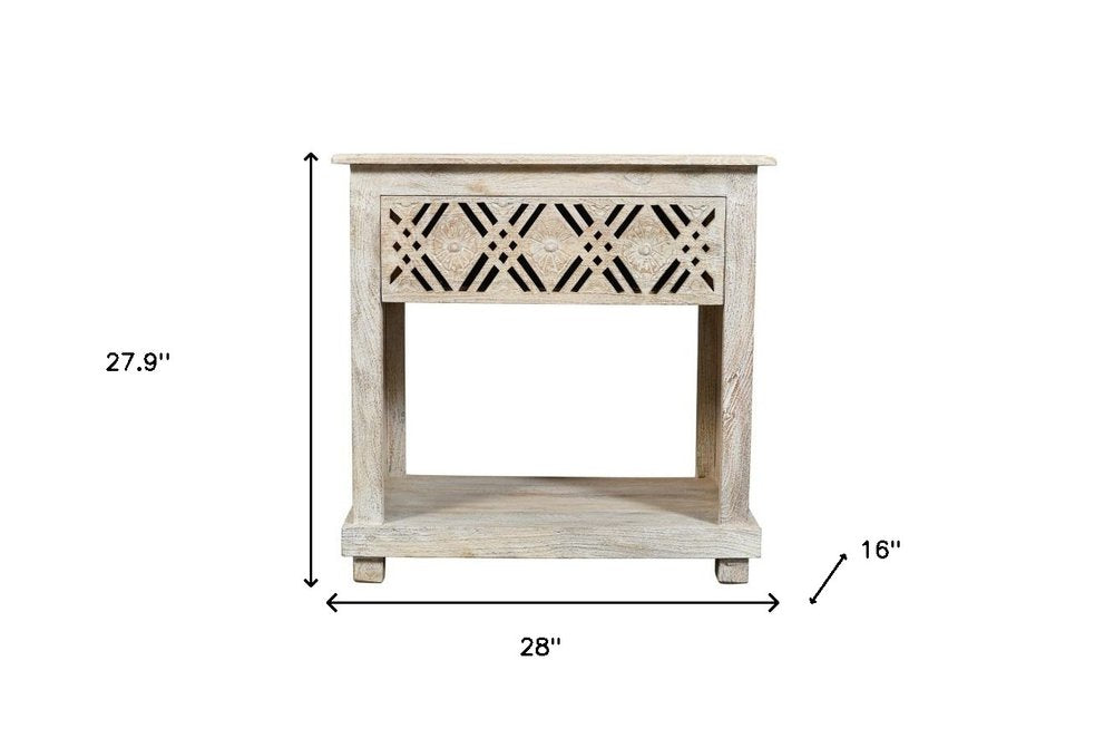 28" White Solid Wood Distressed Carved Geometric One Drawer Nightstand HomeRoots