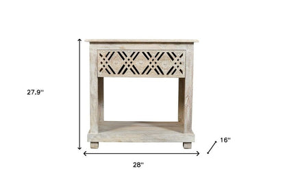 28" White Solid Wood Distressed Carved Geometric One Drawer Nightstand HomeRoots