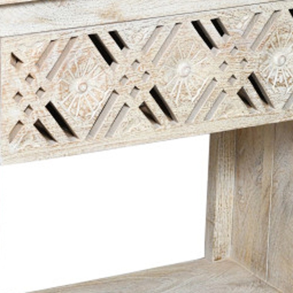 28" White Solid Wood Distressed Carved Geometric One Drawer Nightstand HomeRoots