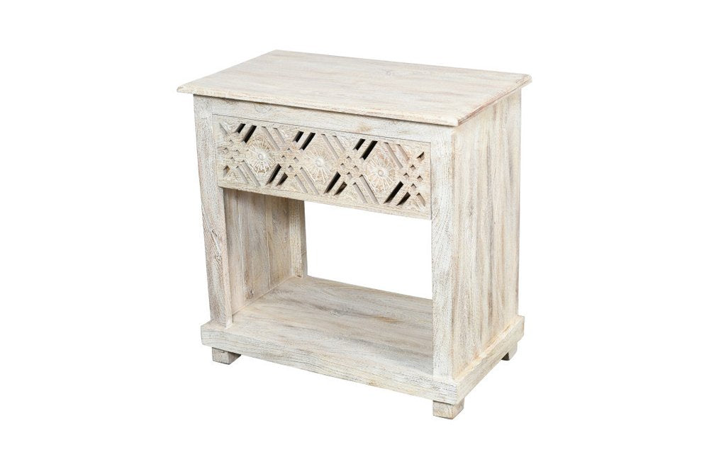 28" White Solid Wood Distressed Carved Geometric One Drawer Nightstand HomeRoots