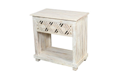 28" White Solid Wood Distressed Carved Geometric One Drawer Nightstand HomeRoots